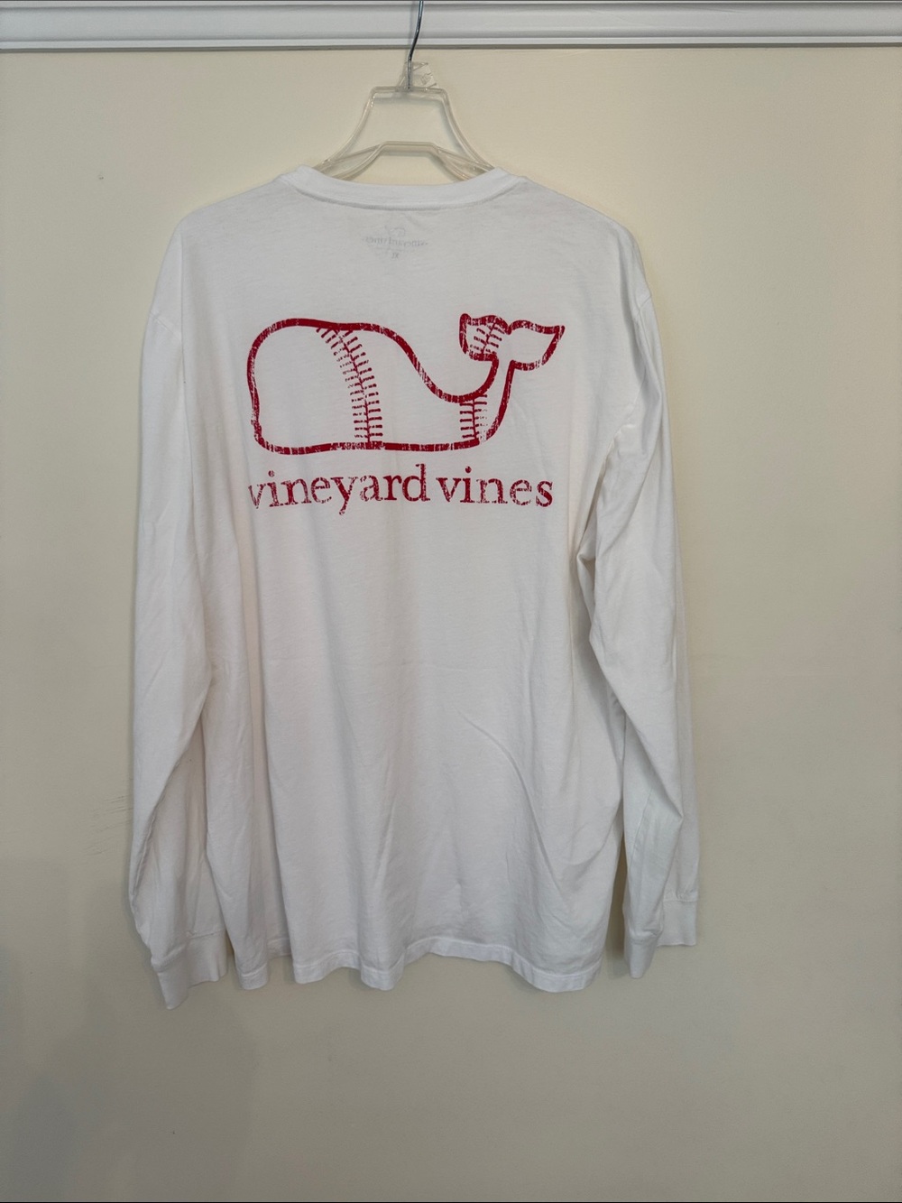 Vineyard Vines White Long-Sleeve Tee with Red Distressed Baseball Whale - Picture 2 of 5